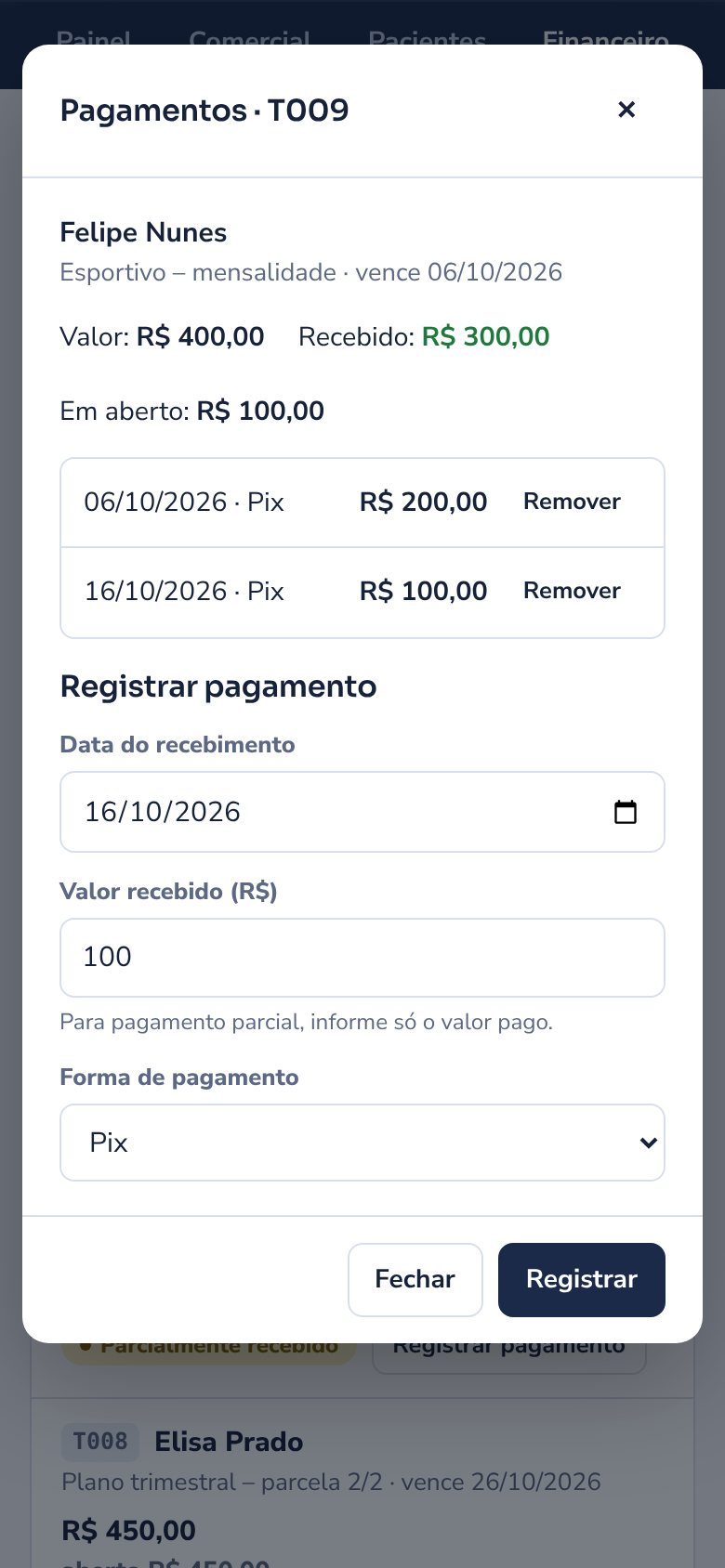 Registro de pagamento parcial de uma cobrança